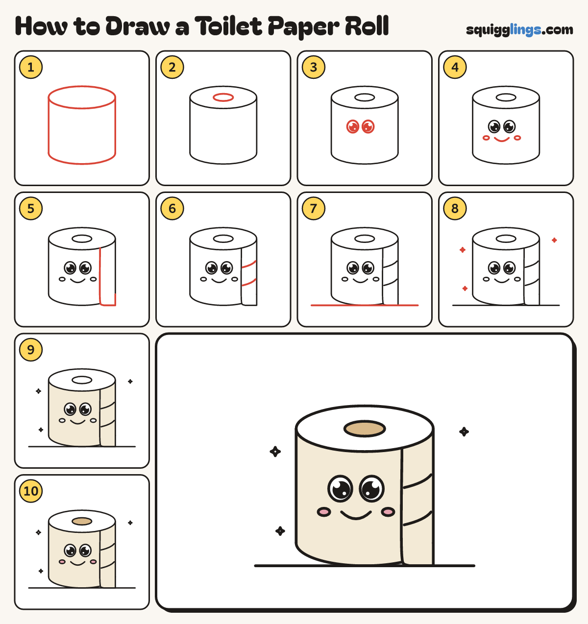 How to Draw a Toilet Paper Roll step by step: all 10 steps in one picture