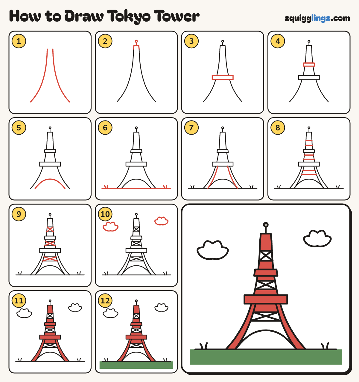 How to Draw Tokyo Tower step by step: all 12 steps in one picture