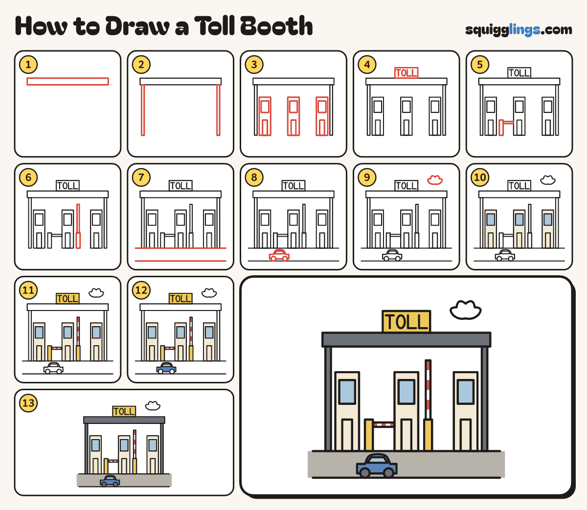 How to Draw a Toll Booth step by step: all 13 steps in one picture