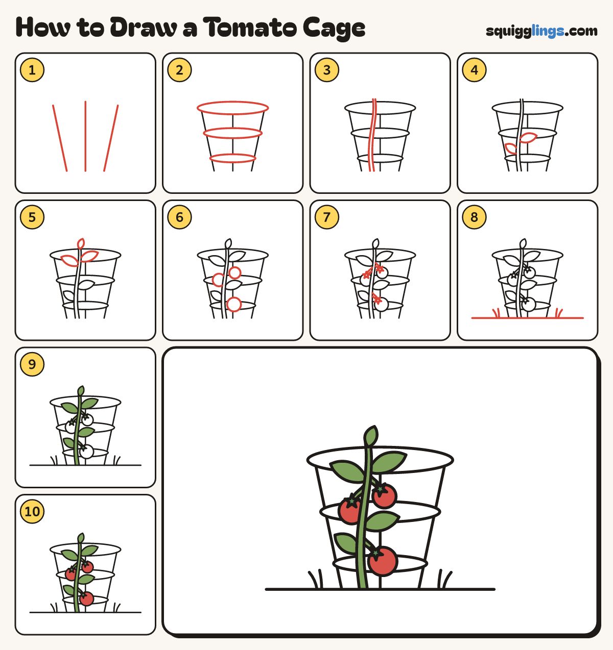 How to Draw a Tomato Cage step by step: all 10 steps in one picture