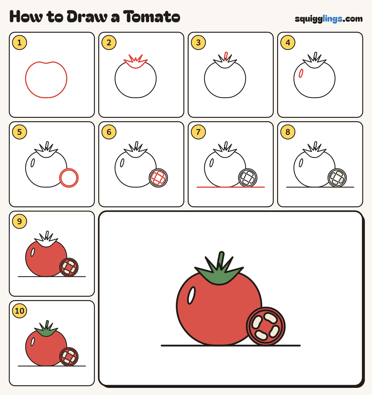 How to Draw a Tomato step by step: all 10 steps in one picture