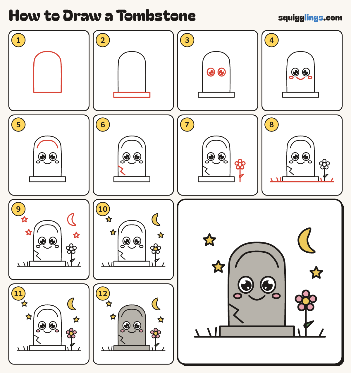 How to Draw a Tombstone step by step: all 12 steps in one picture