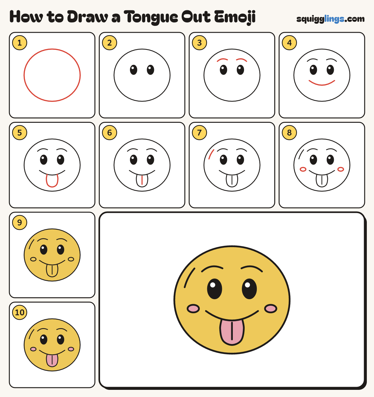 How to Draw a Tongue Out Emoji step by step: all 10 steps in one picture