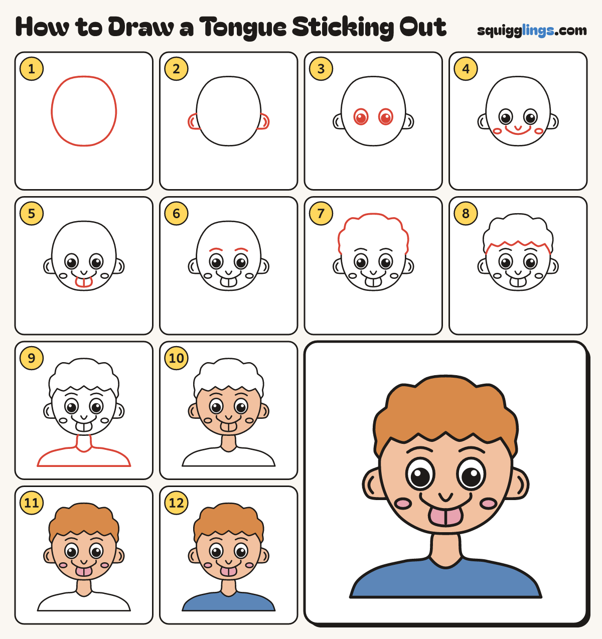 How to Draw a Tongue Sticking Out step by step: all 12 steps in one picture