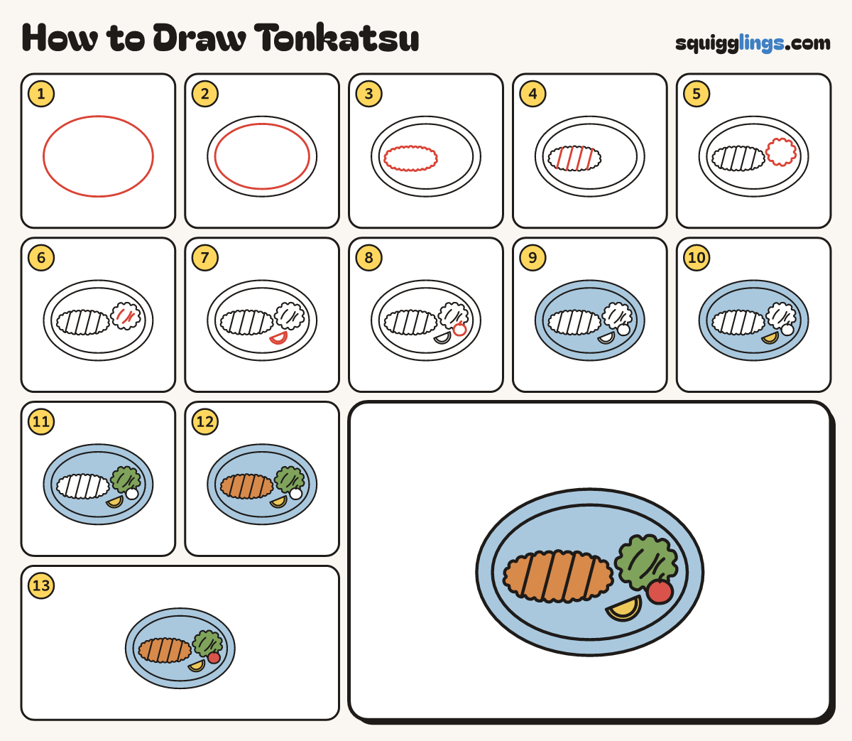 How to Draw Tonkatsu step by step: all 13 steps in one picture