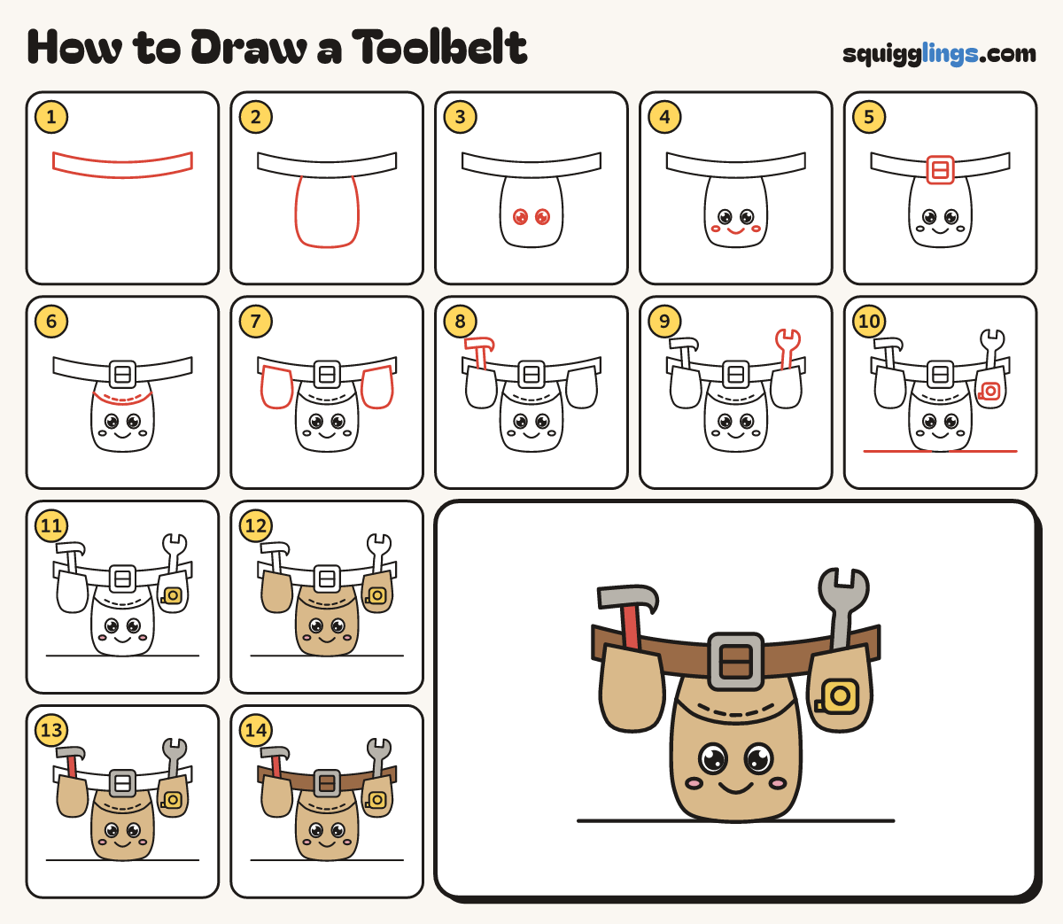 How to Draw a Toolbelt step by step: all 14 steps in one picture