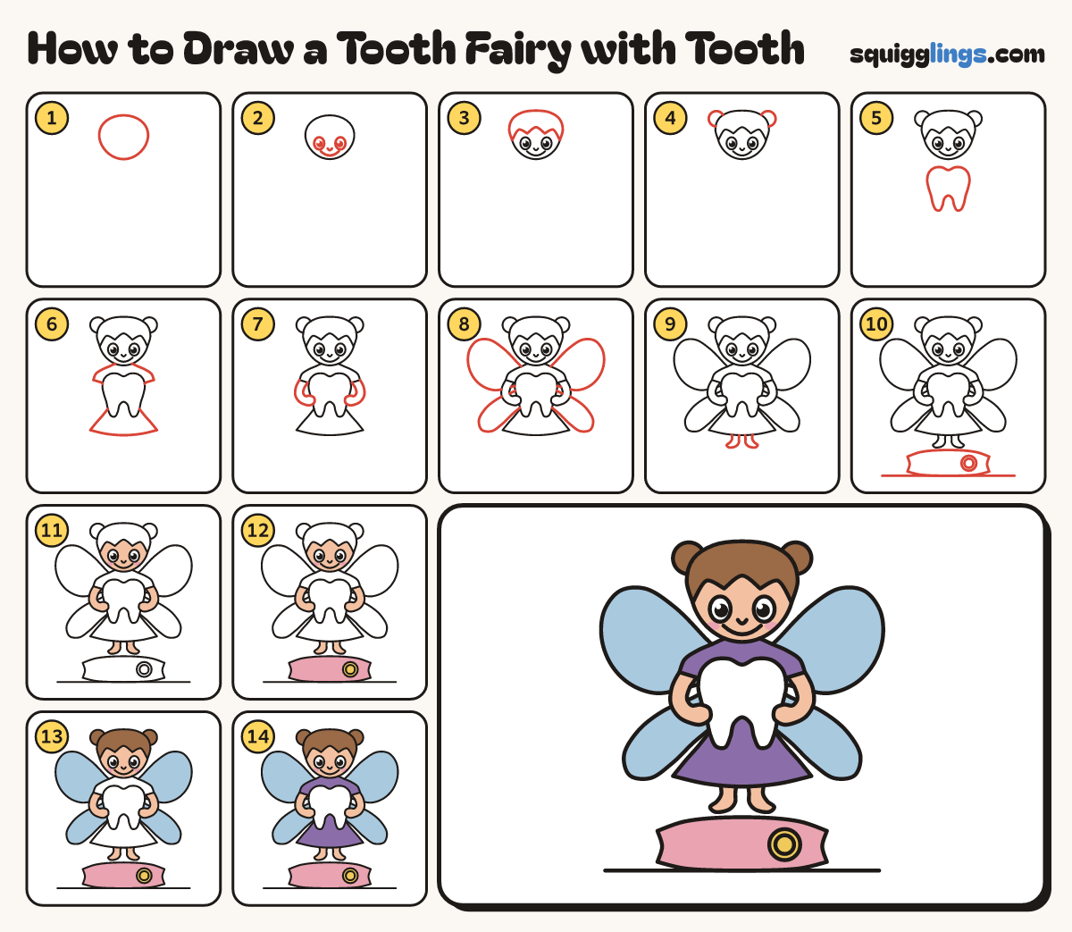 How to Draw a Tooth Fairy with Tooth step by step: all 14 steps in one picture