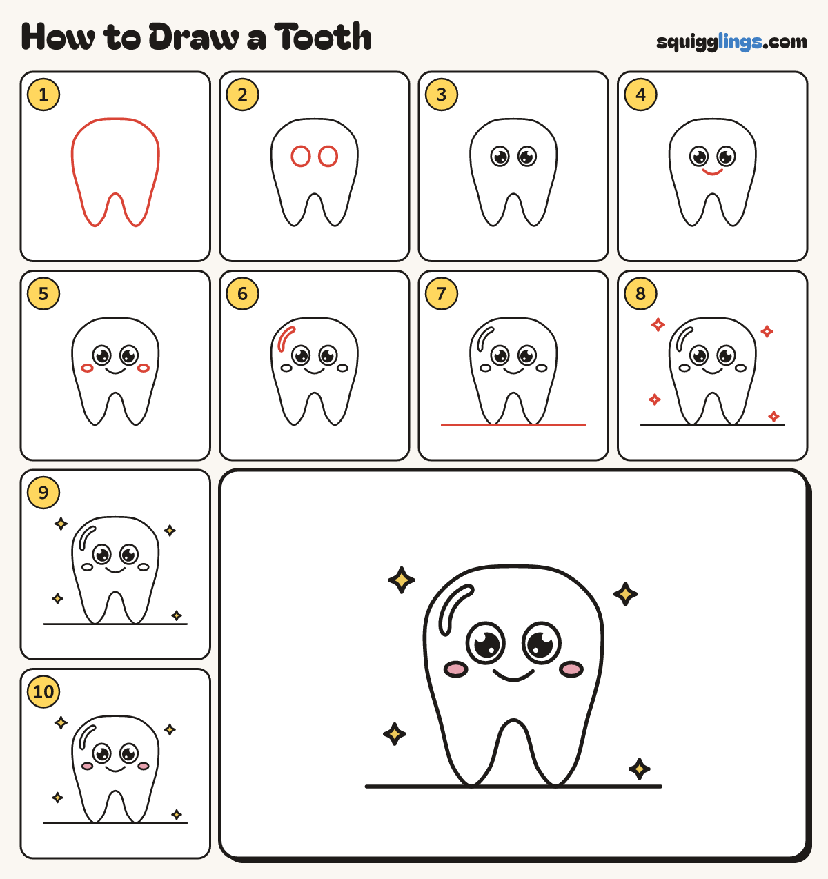 How to Draw a Tooth step by step: all 10 steps in one picture