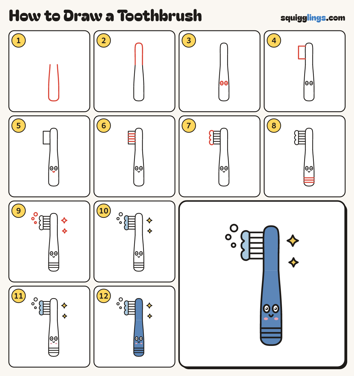 How to Draw a Toothbrush step by step: all 12 steps in one picture