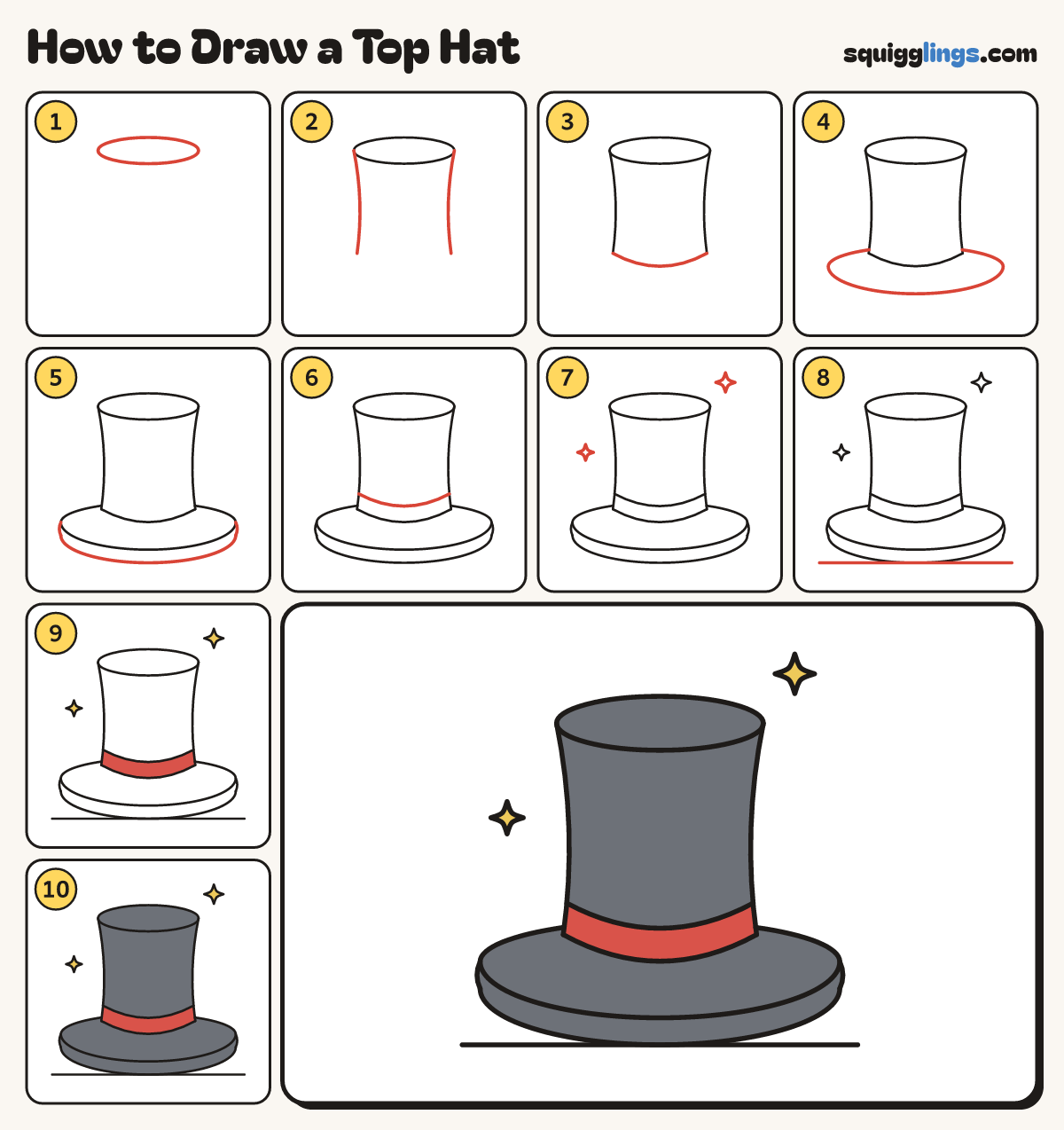 How to Draw a Top Hat step by step: all 10 steps in one picture