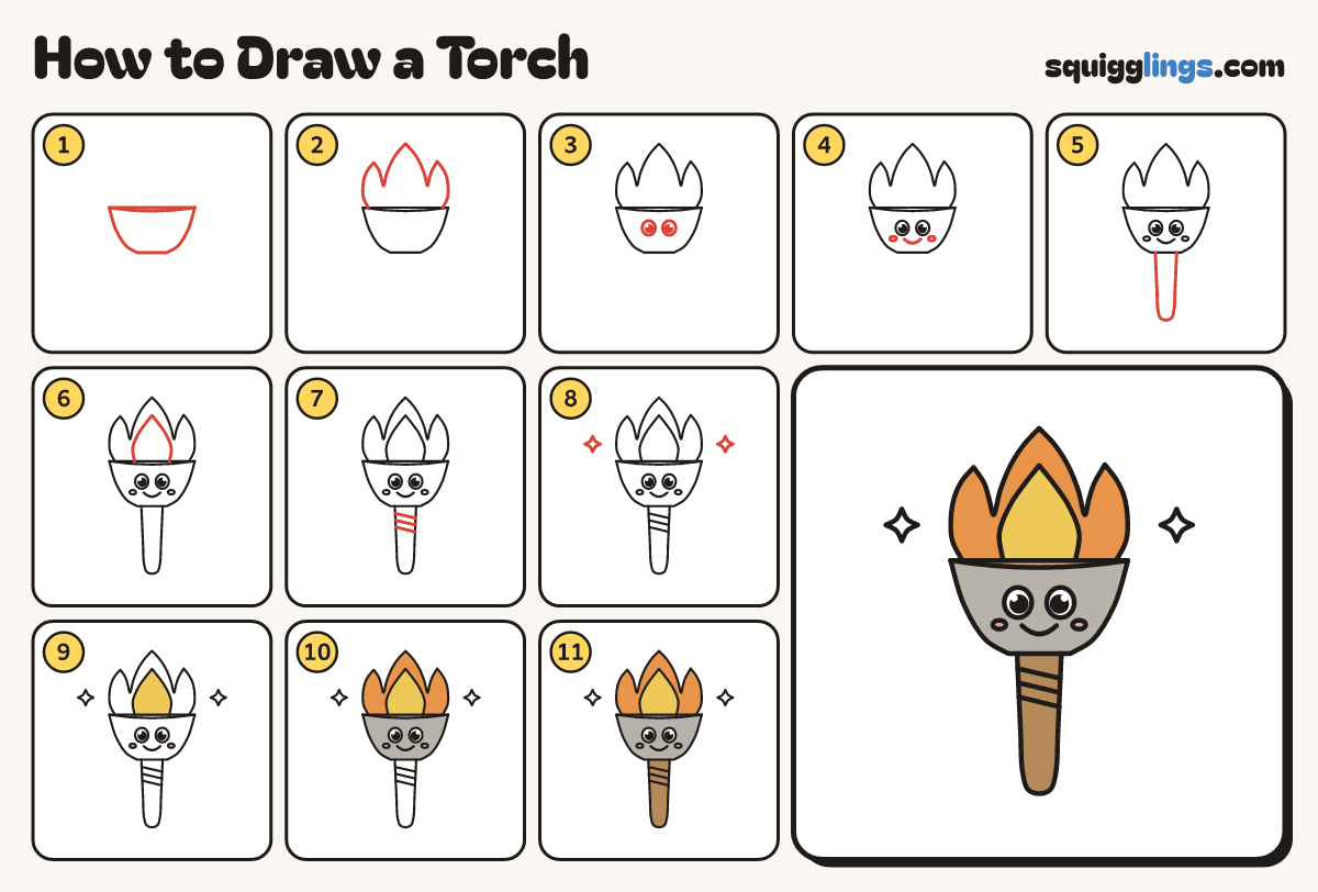 How to Draw a Torch step by step: all 11 steps in one picture