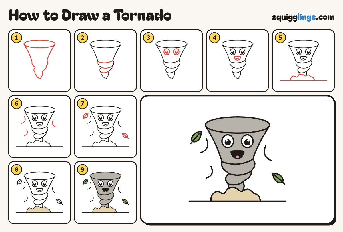 How to Draw a Tornado step by step: all 9 steps in one picture