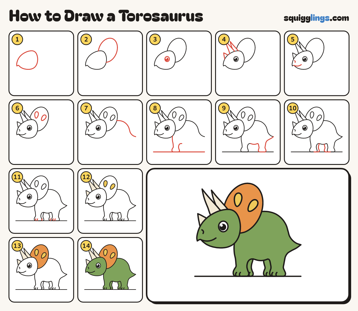 How to Draw a Torosaurus step by step: all 14 steps in one picture