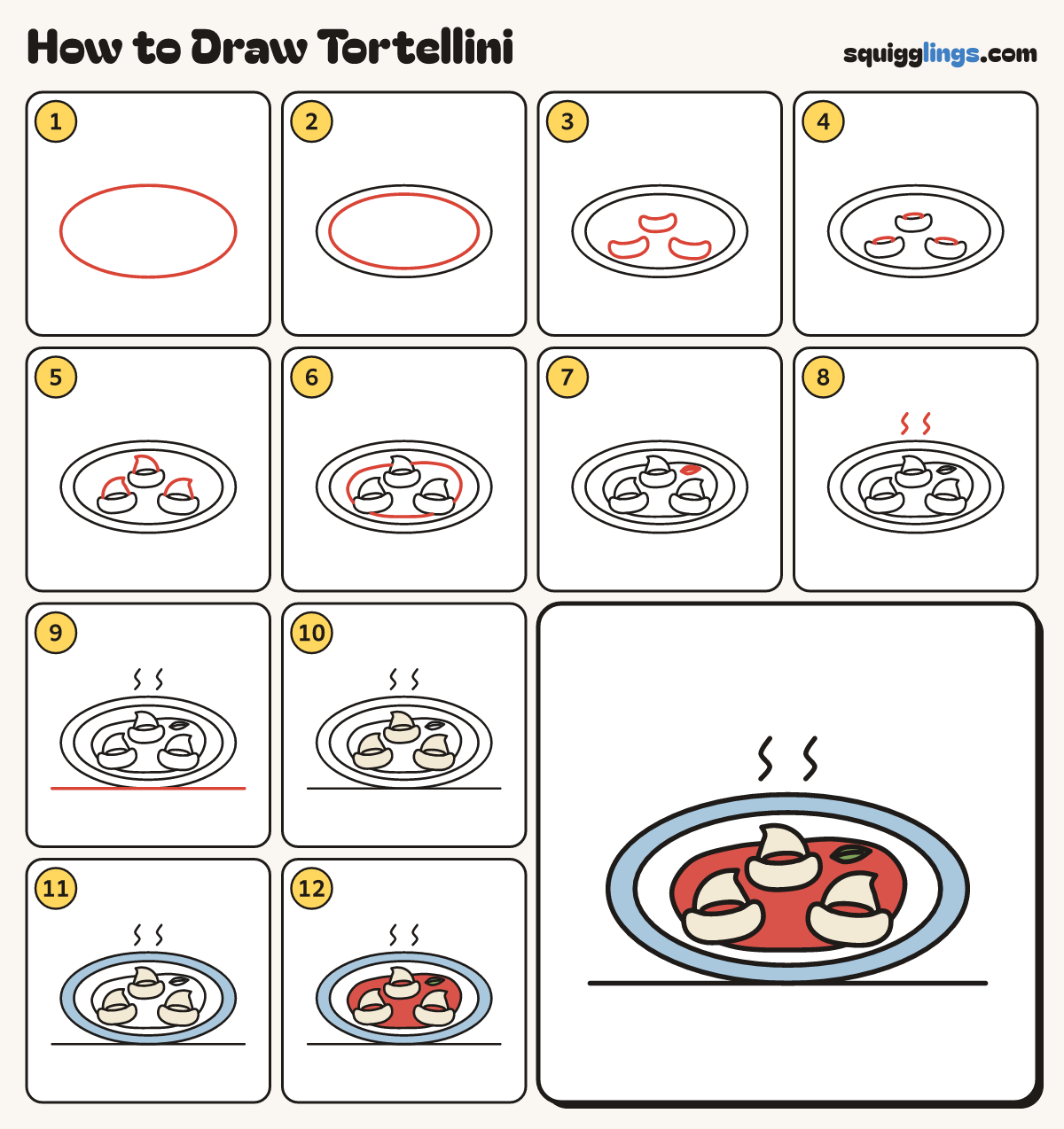 How to Draw Tortellini step by step: all 12 steps in one picture