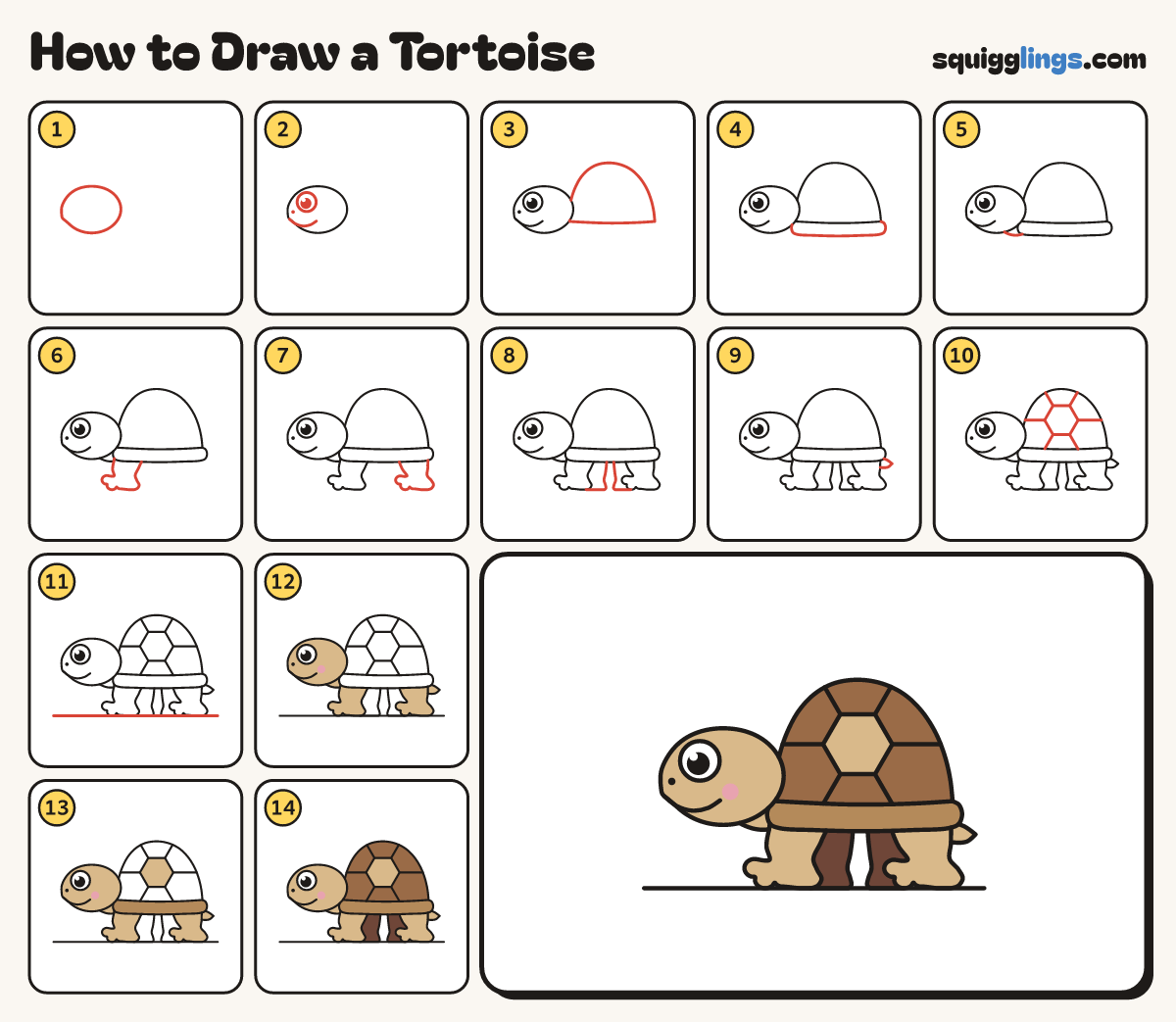 How to Draw a Tortoise step by step: all 14 steps in one picture