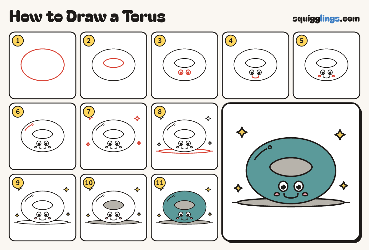 How to Draw a Torus step by step: all 11 steps in one picture
