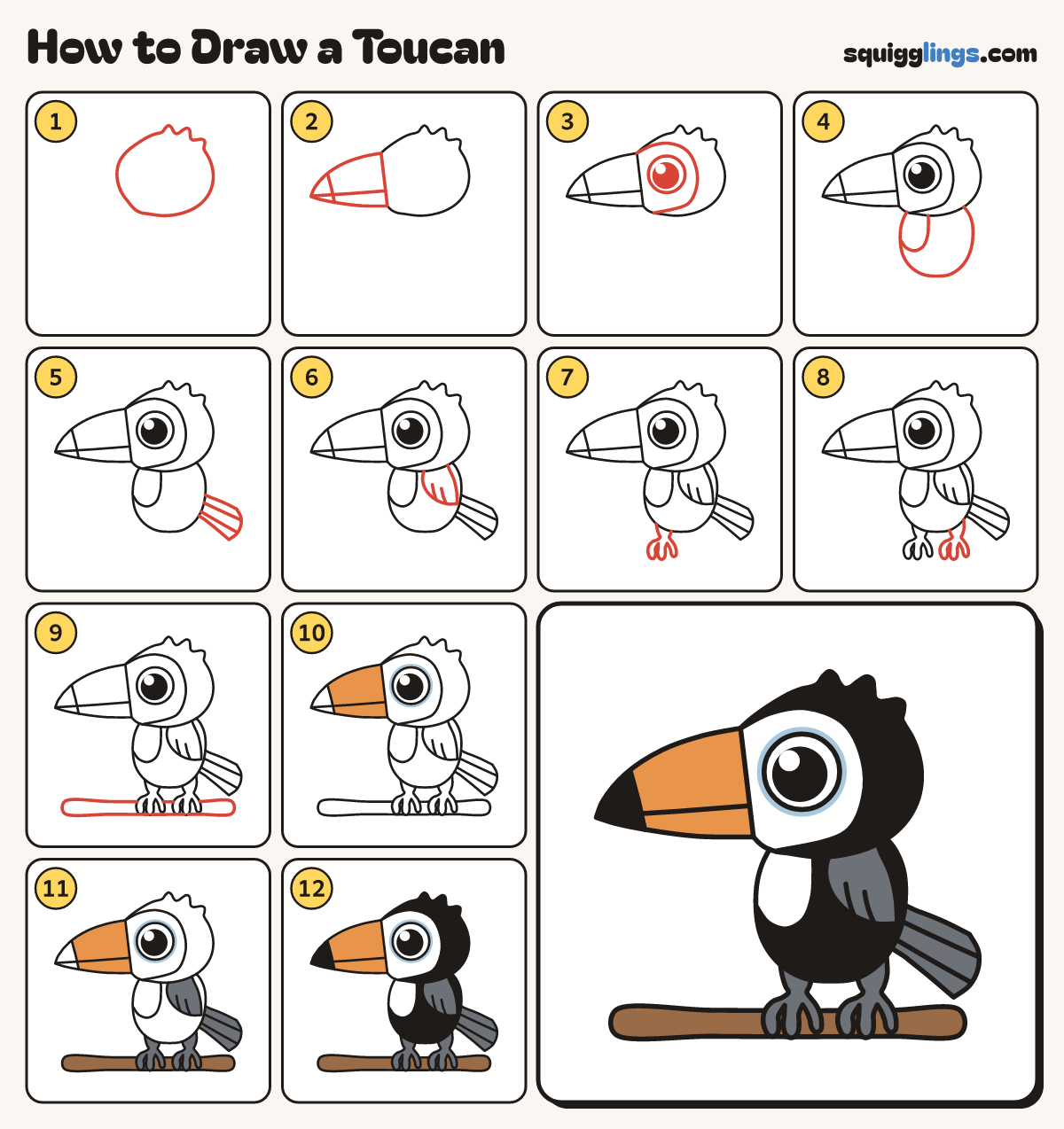 How to Draw a Toucan step by step: all 12 steps in one picture