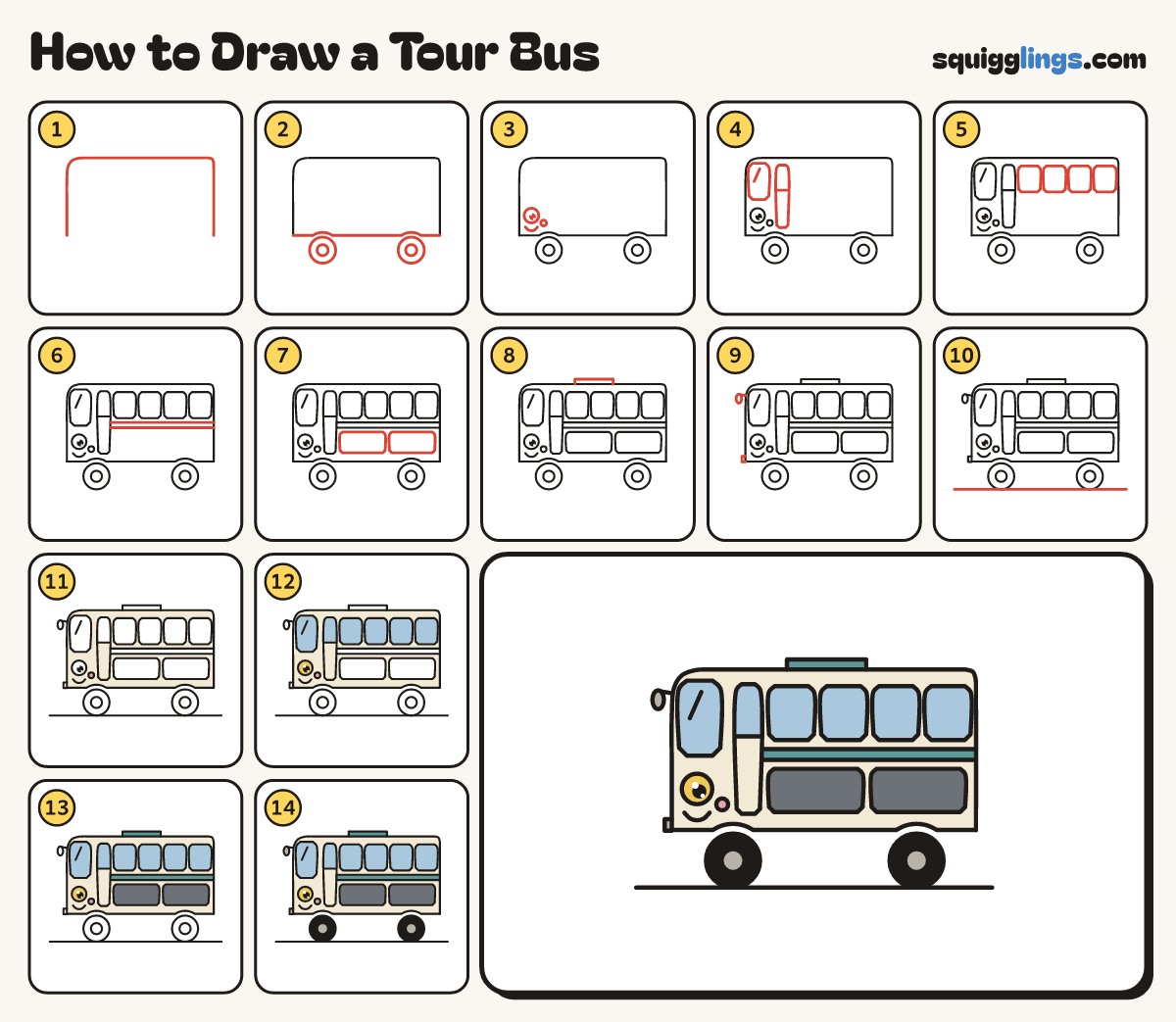 How to Draw a Tour Bus step by step: all 14 steps in one picture