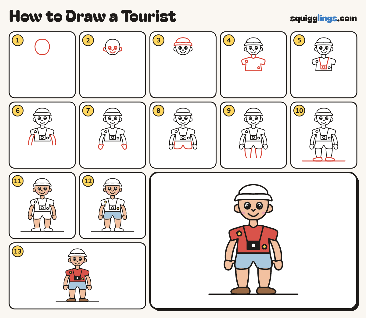 How to Draw a Tourist step by step: all 13 steps in one picture