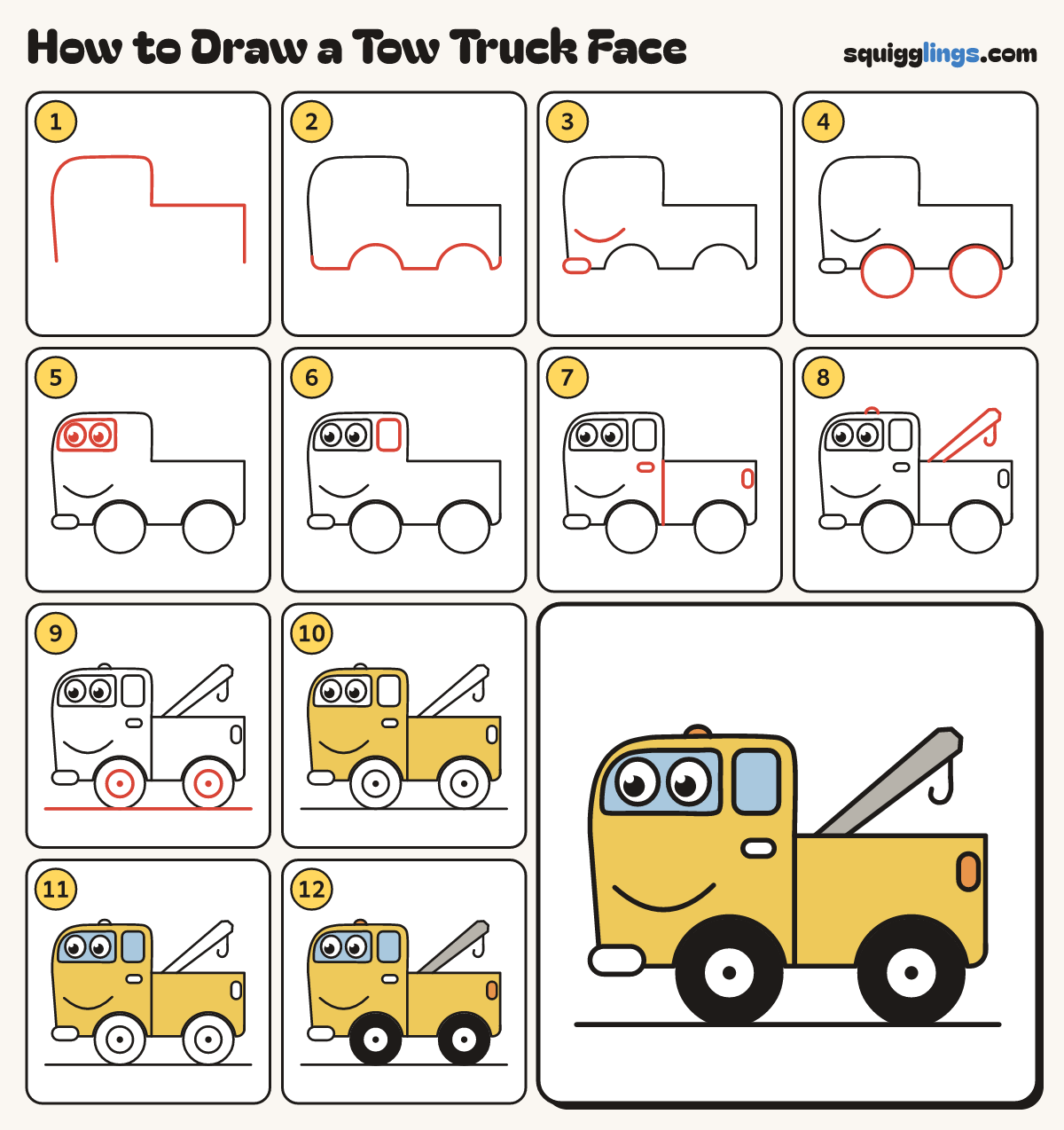How to Draw a Tow Truck Face step by step: all 12 steps in one picture