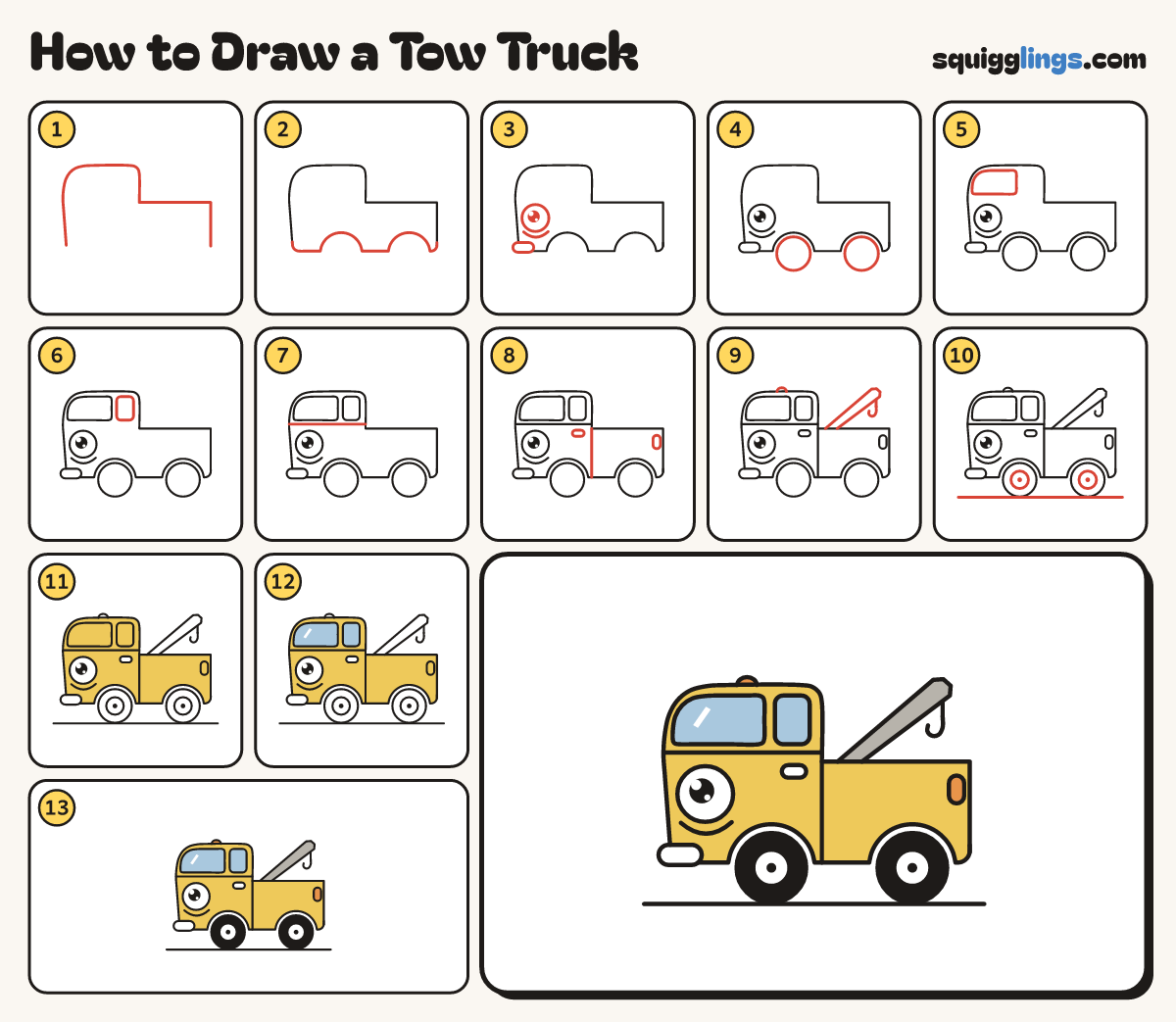 How to Draw a Tow Truck step by step: all 13 steps in one picture