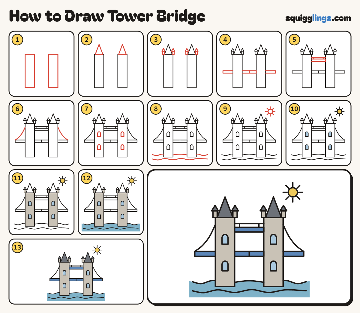 How to Draw Tower Bridge step by step: all 13 steps in one picture