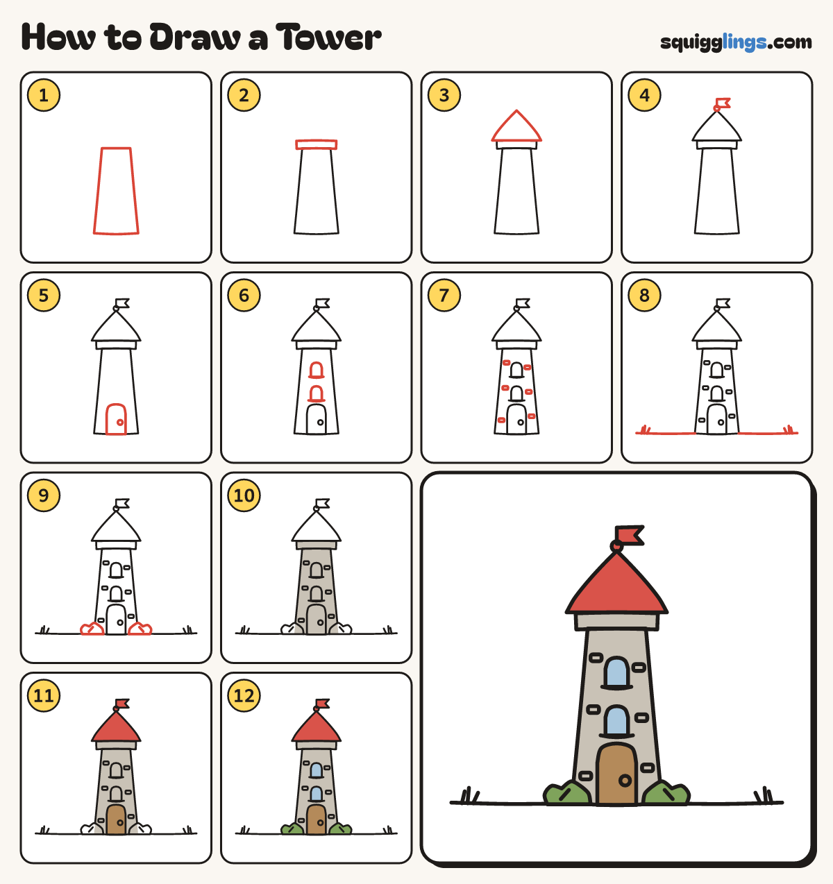 How to Draw a Tower step by step: all 12 steps in one picture