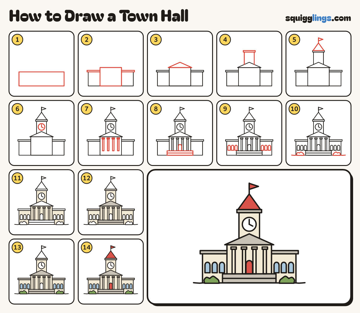 How to Draw a Town Hall step by step: all 14 steps in one picture