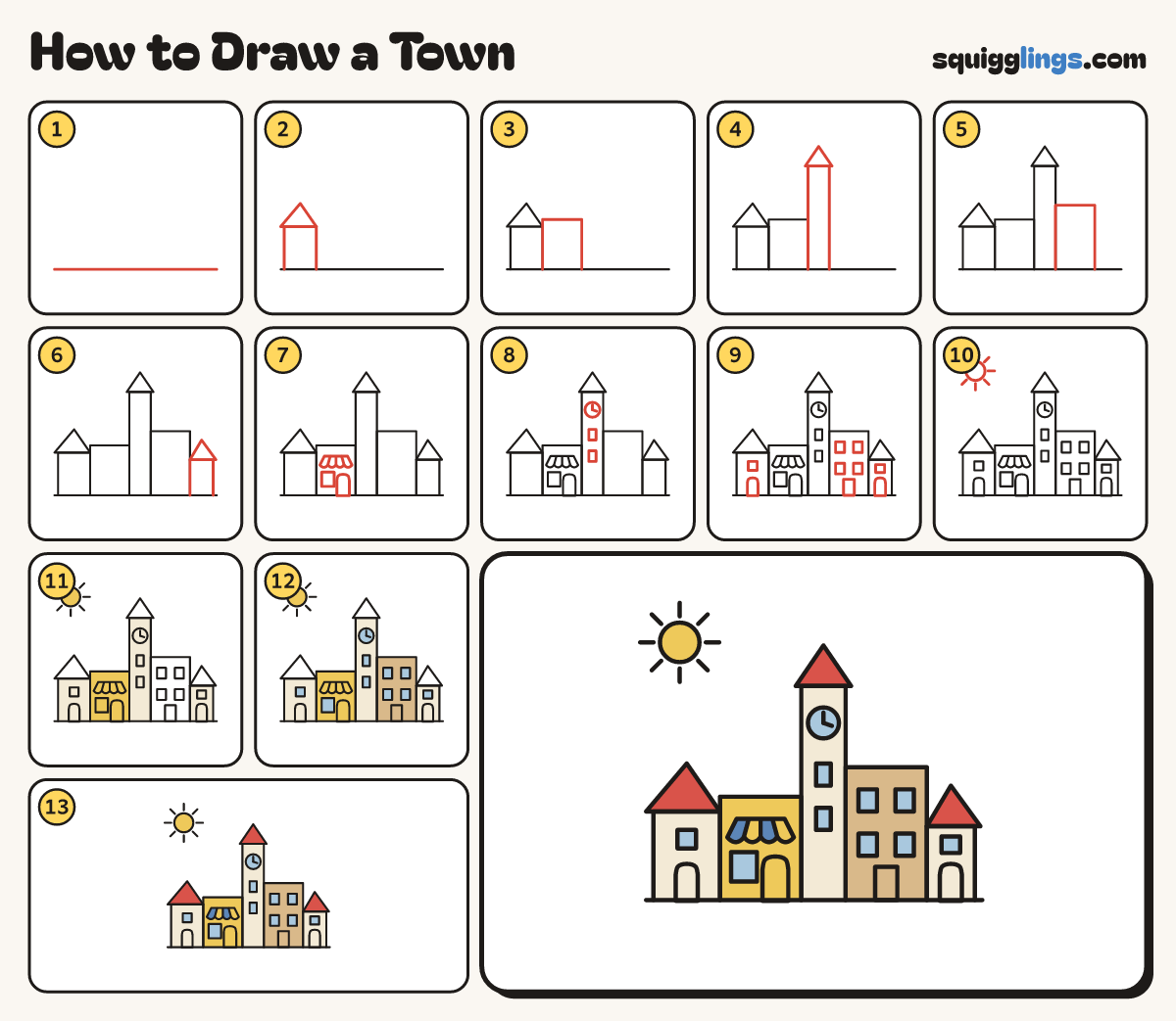 How to Draw a Town step by step: all 13 steps in one picture