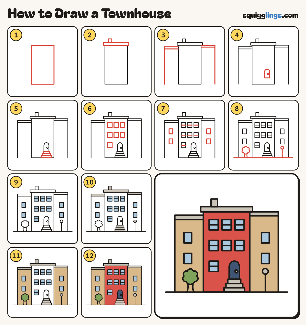 How to Draw a Townhouse step by step: all 12 steps in one picture