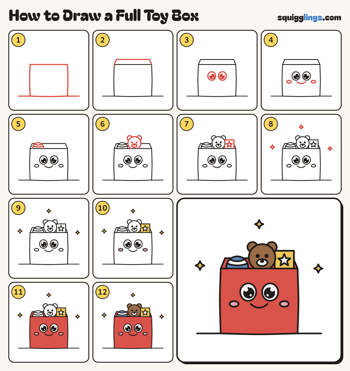 How to Draw a Full Toy Box step by step: all 12 steps in one picture