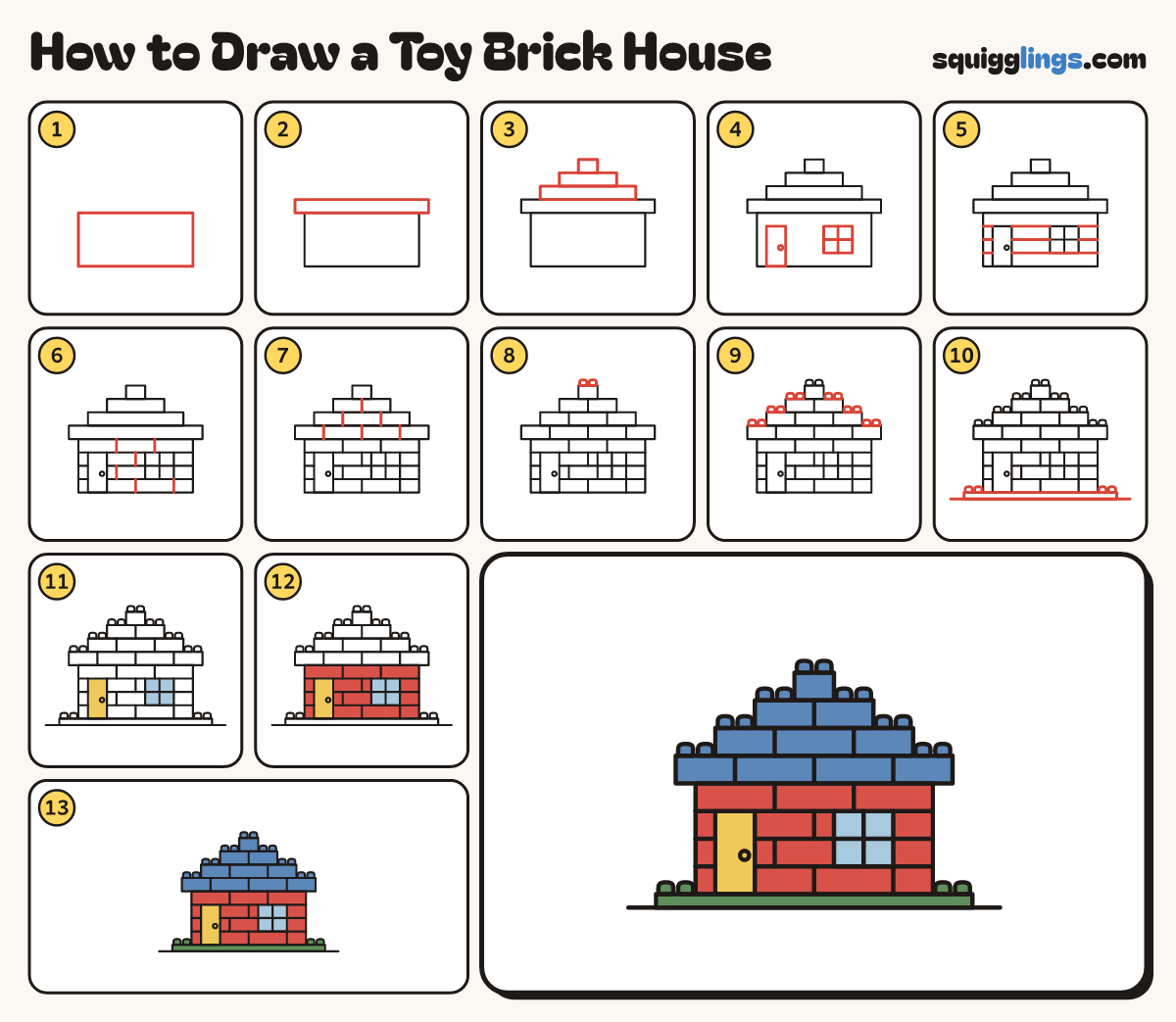 How to Draw a Toy Brick House step by step: all 13 steps in one picture