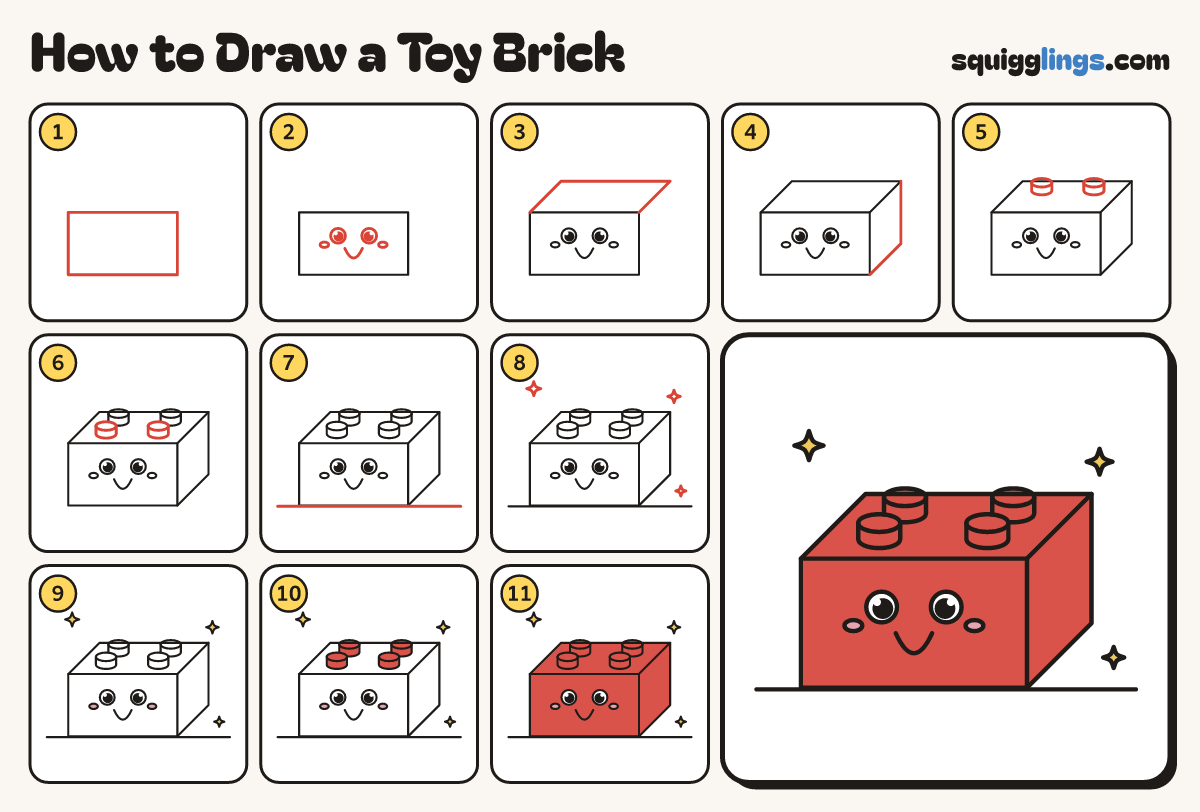 How to Draw a Toy Brick step by step: all 11 steps in one picture