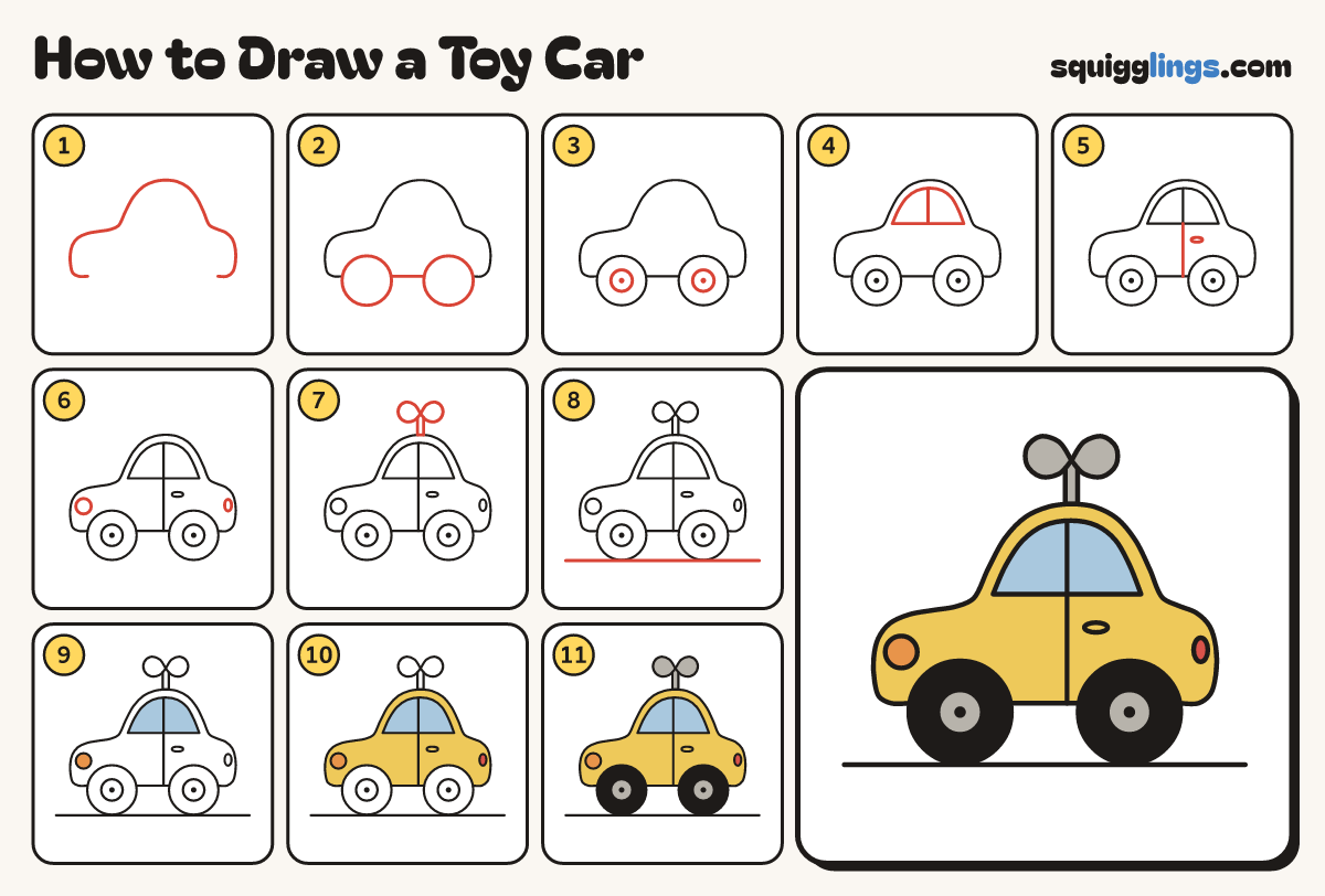 How to Draw a Toy Car step by step: all 11 steps in one picture
