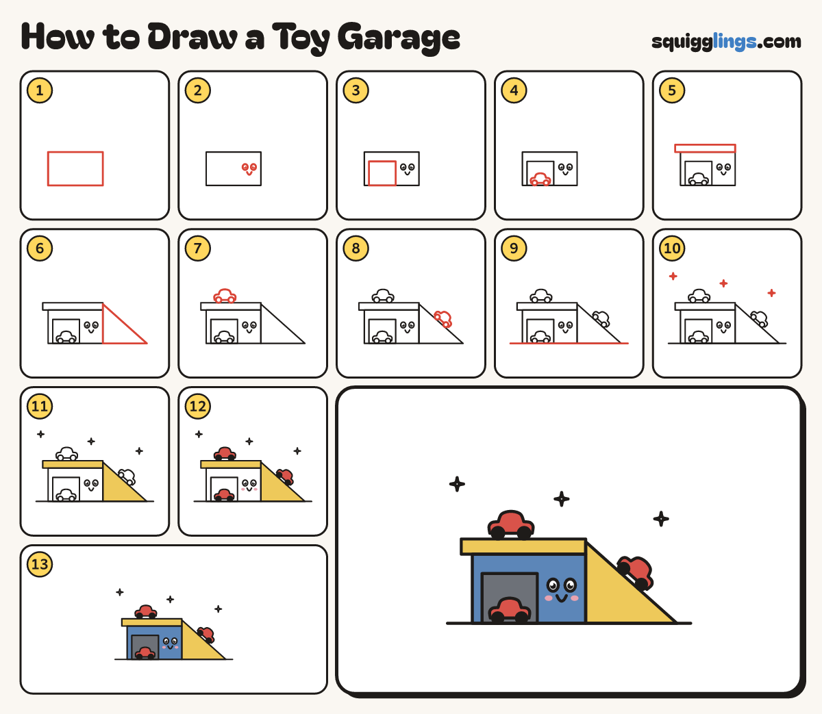How to Draw a Toy Garage step by step: all 13 steps in one picture