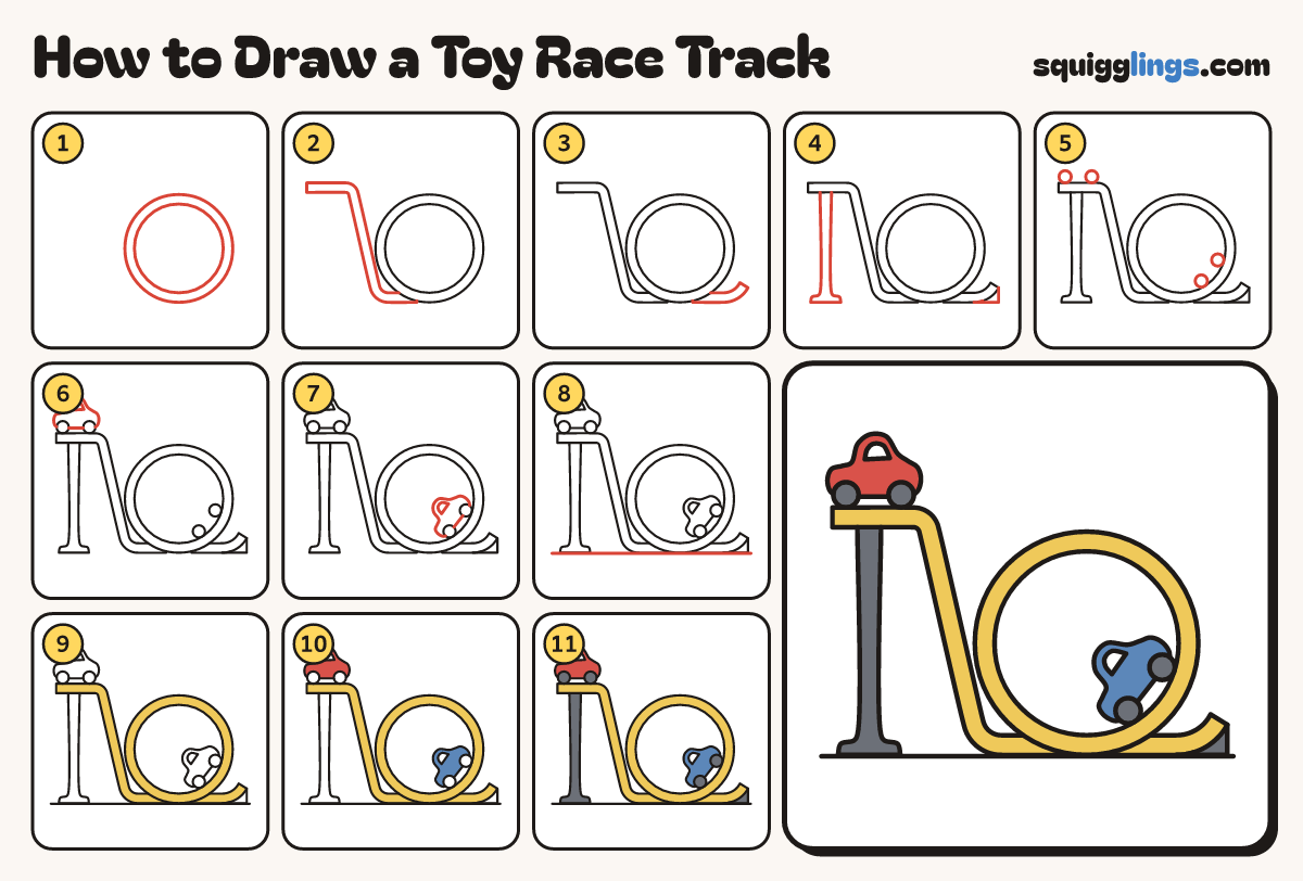How to Draw a Toy Race Track step by step: all 11 steps in one picture
