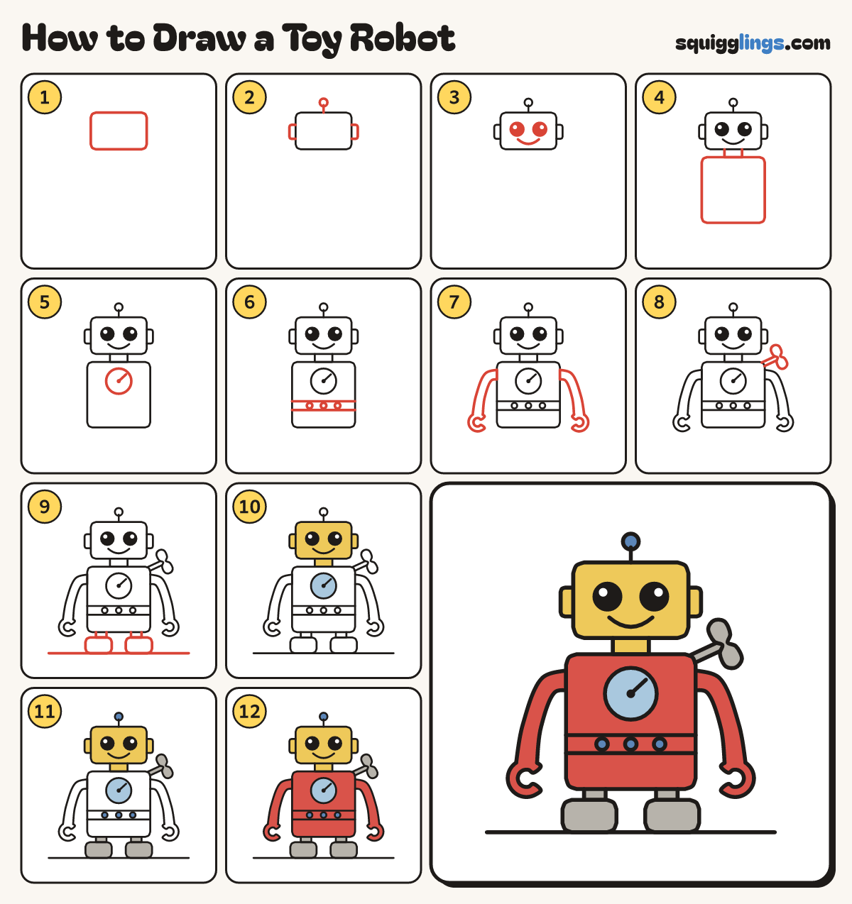 How to Draw a Toy Robot step by step: all 12 steps in one picture