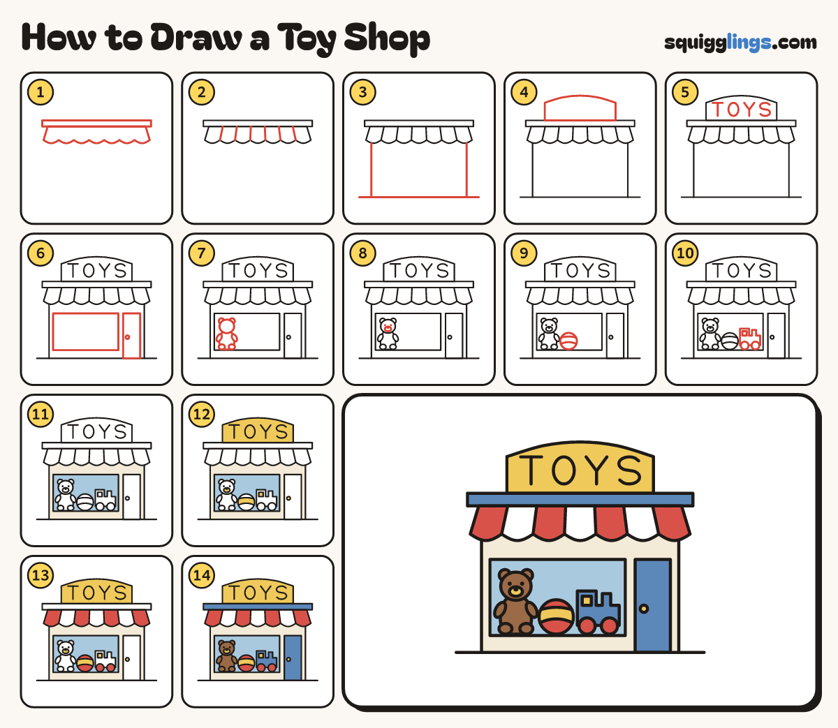 How to Draw a Toy Shop step by step: all 14 steps in one picture