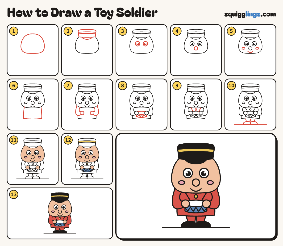 How to Draw a Toy Soldier step by step: all 13 steps in one picture