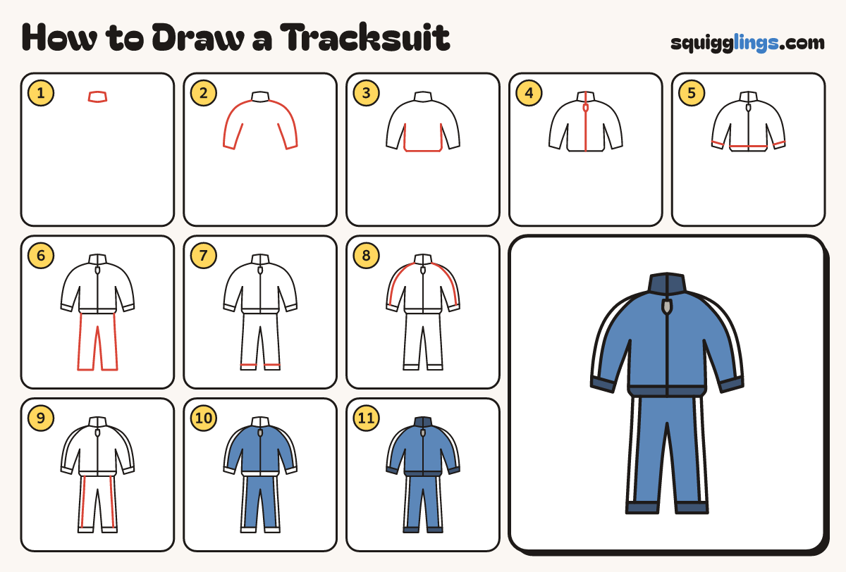 How to Draw a Tracksuit step by step: all 11 steps in one picture