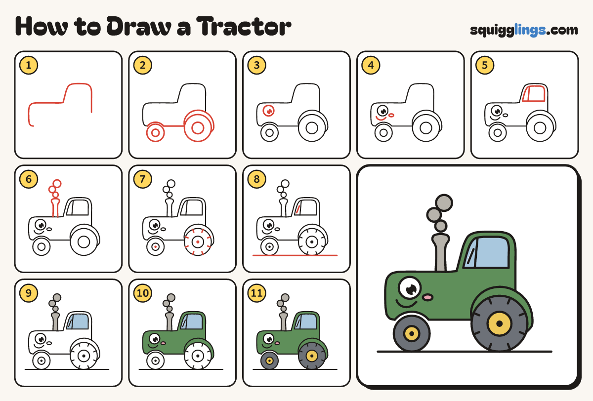 How to Draw a Tractor step by step: all 11 steps in one picture
