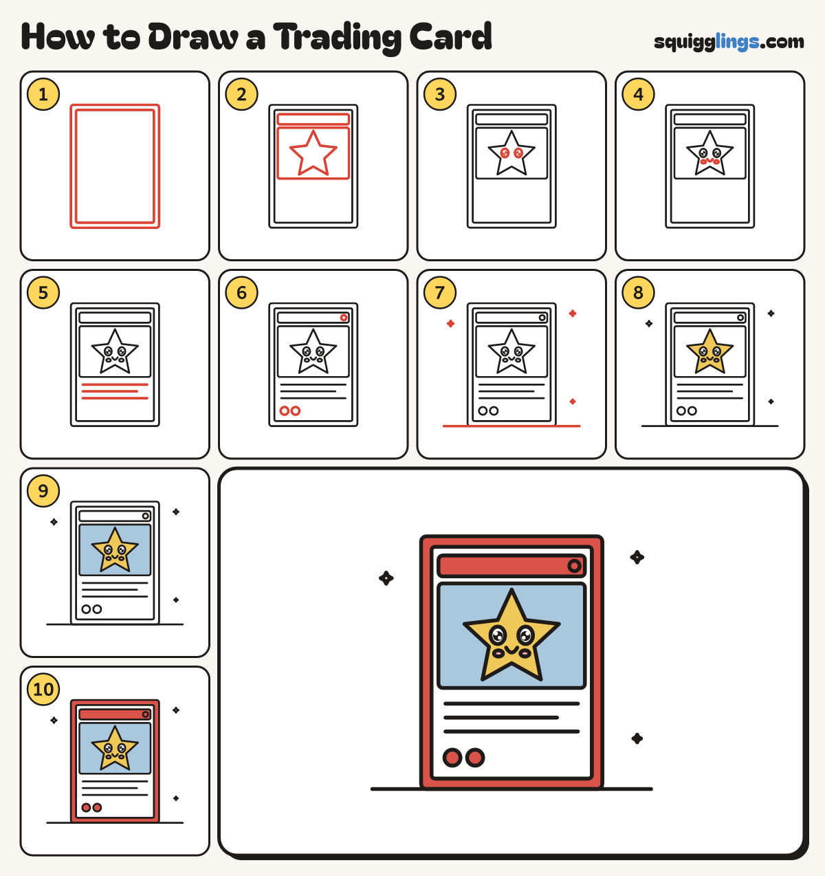 How to Draw a Trading Card step by step: all 10 steps in one picture