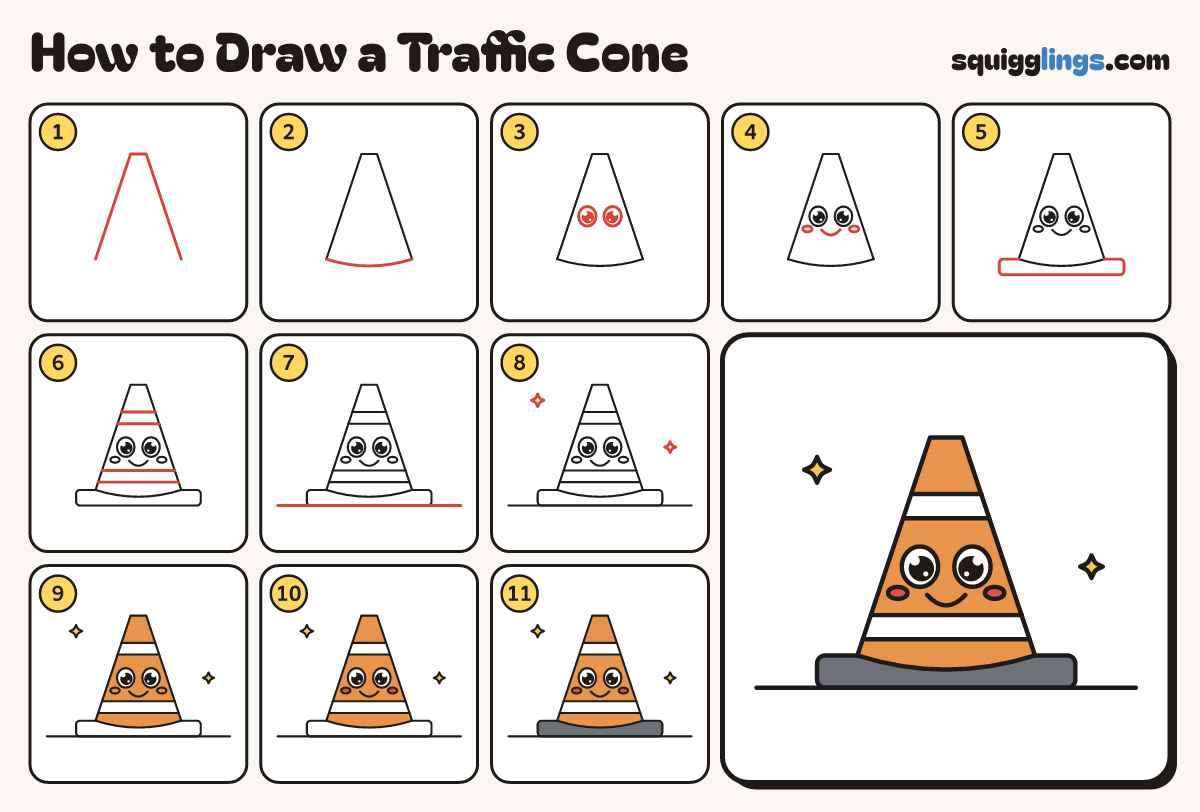 How to Draw a Traffic Cone step by step: all 11 steps in one picture