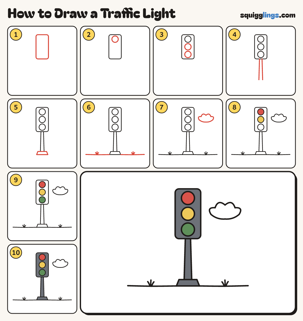 How to Draw a Traffic Light step by step: all 10 steps in one picture