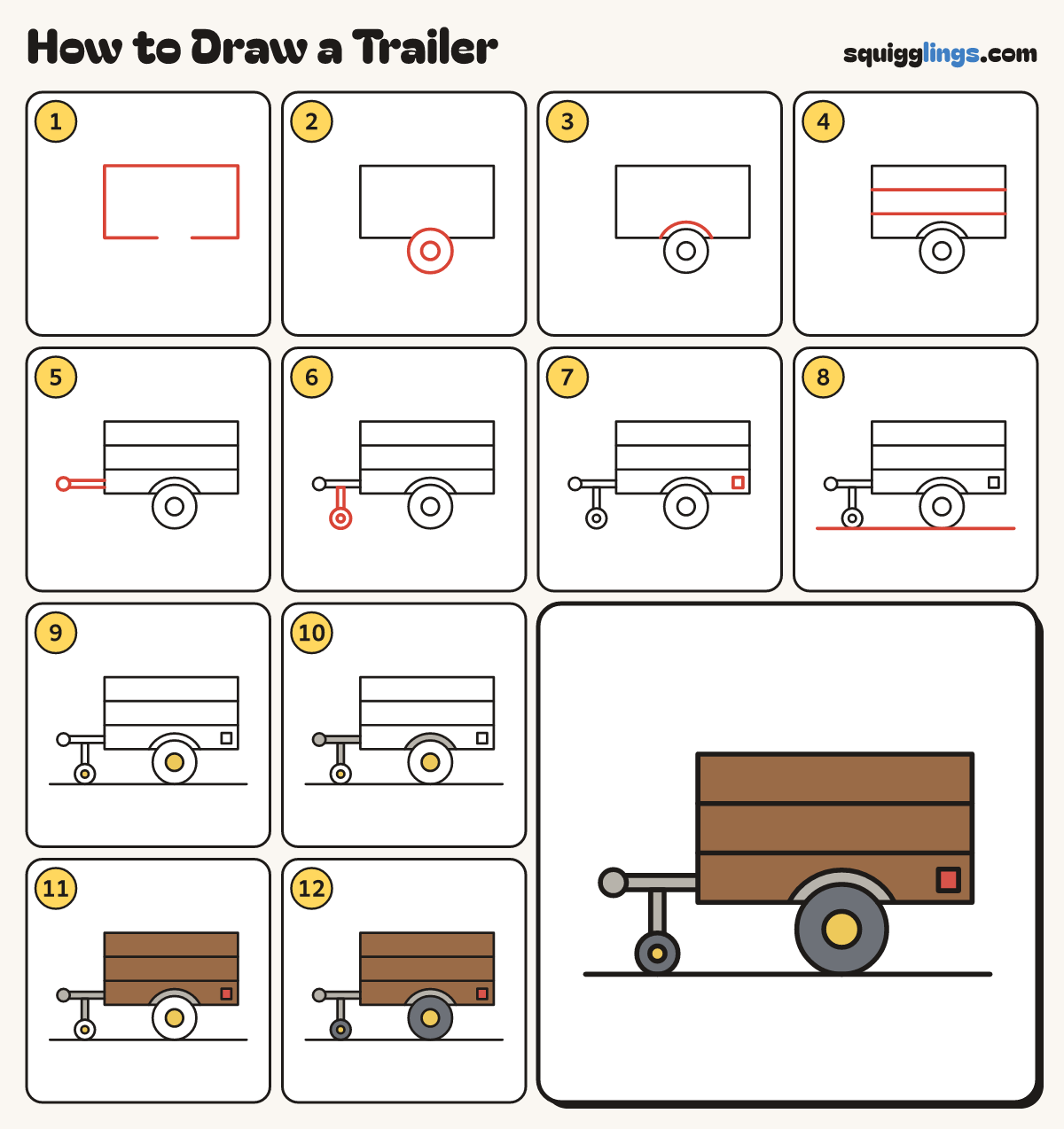 How to Draw a Trailer step by step: all 12 steps in one picture