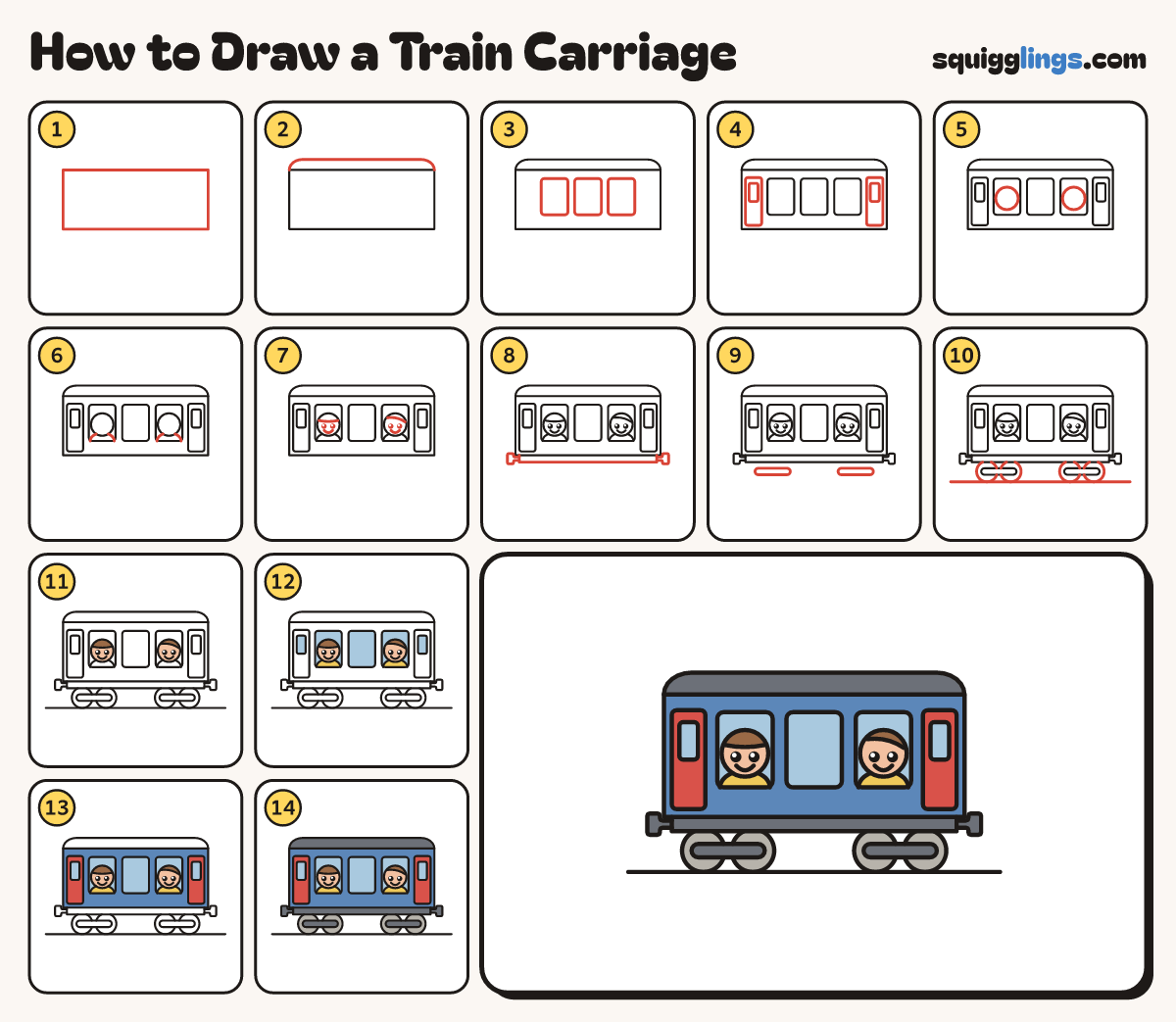 How to Draw a Train Carriage step by step: all 14 steps in one picture