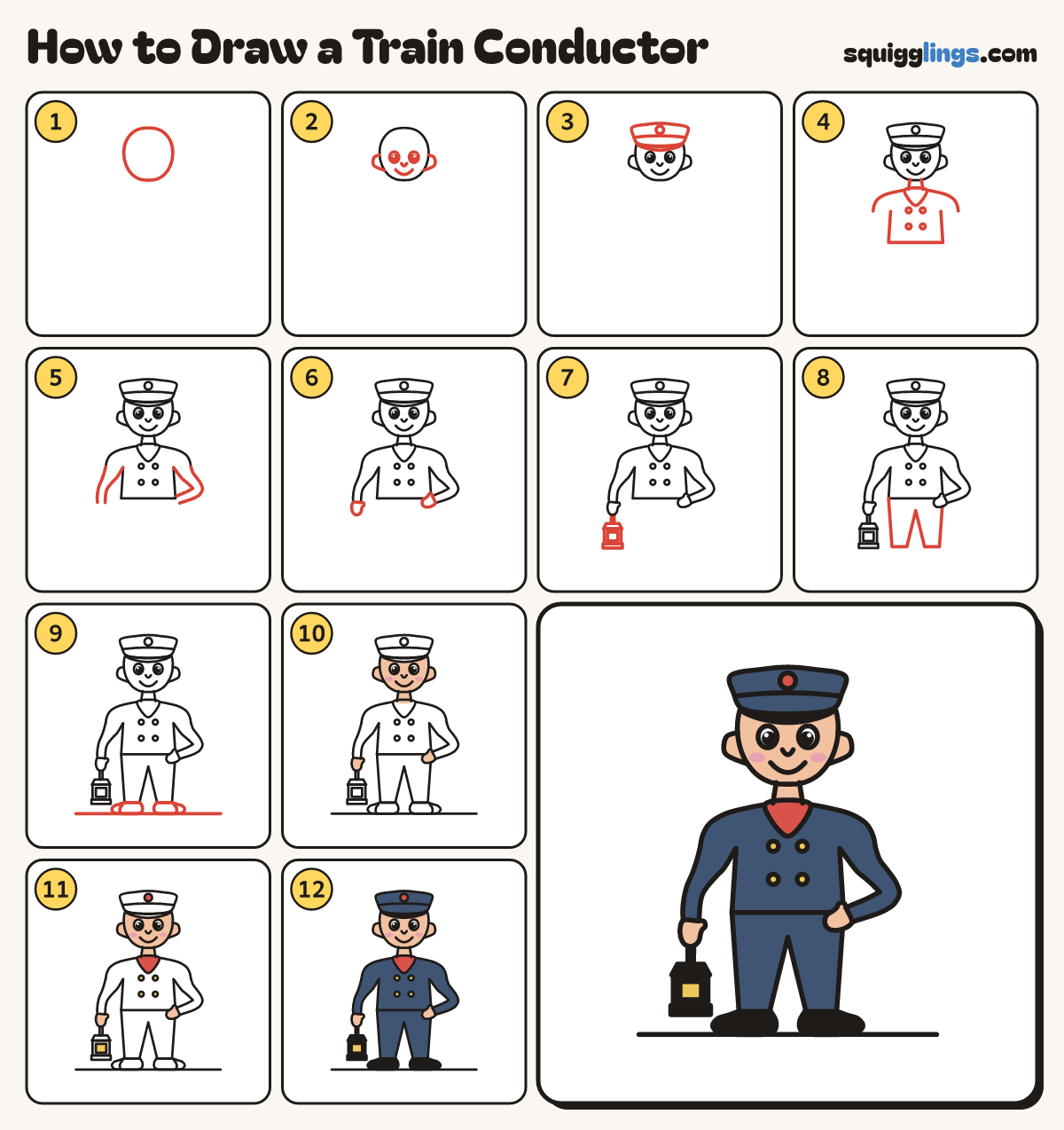 How to Draw a Train Conductor step by step: all 12 steps in one picture