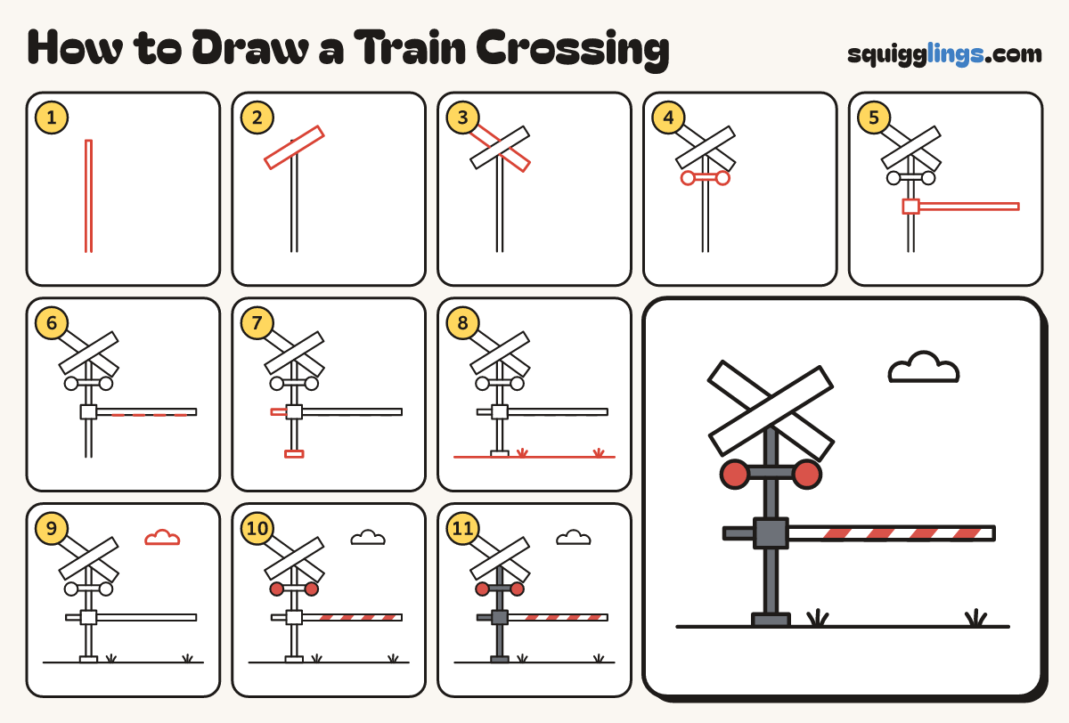 How to Draw a Train Crossing step by step: all 11 steps in one picture