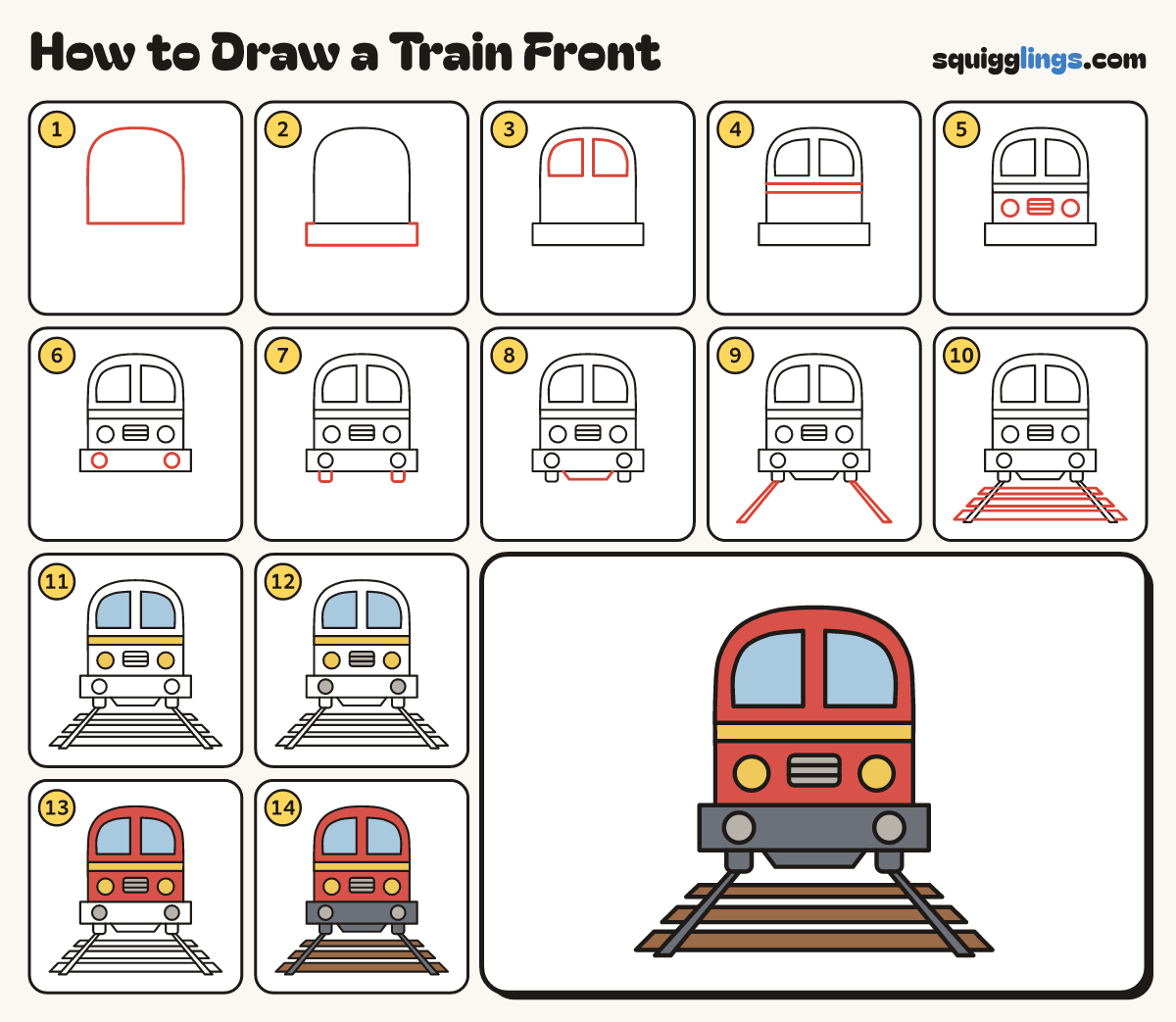 How to Draw a Train Front step by step: all 14 steps in one picture