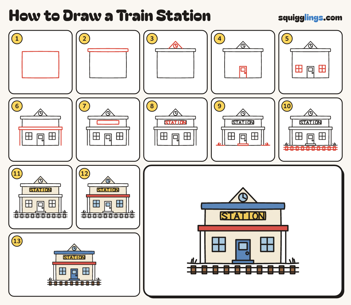 How to Draw a Train Station step by step: all 13 steps in one picture